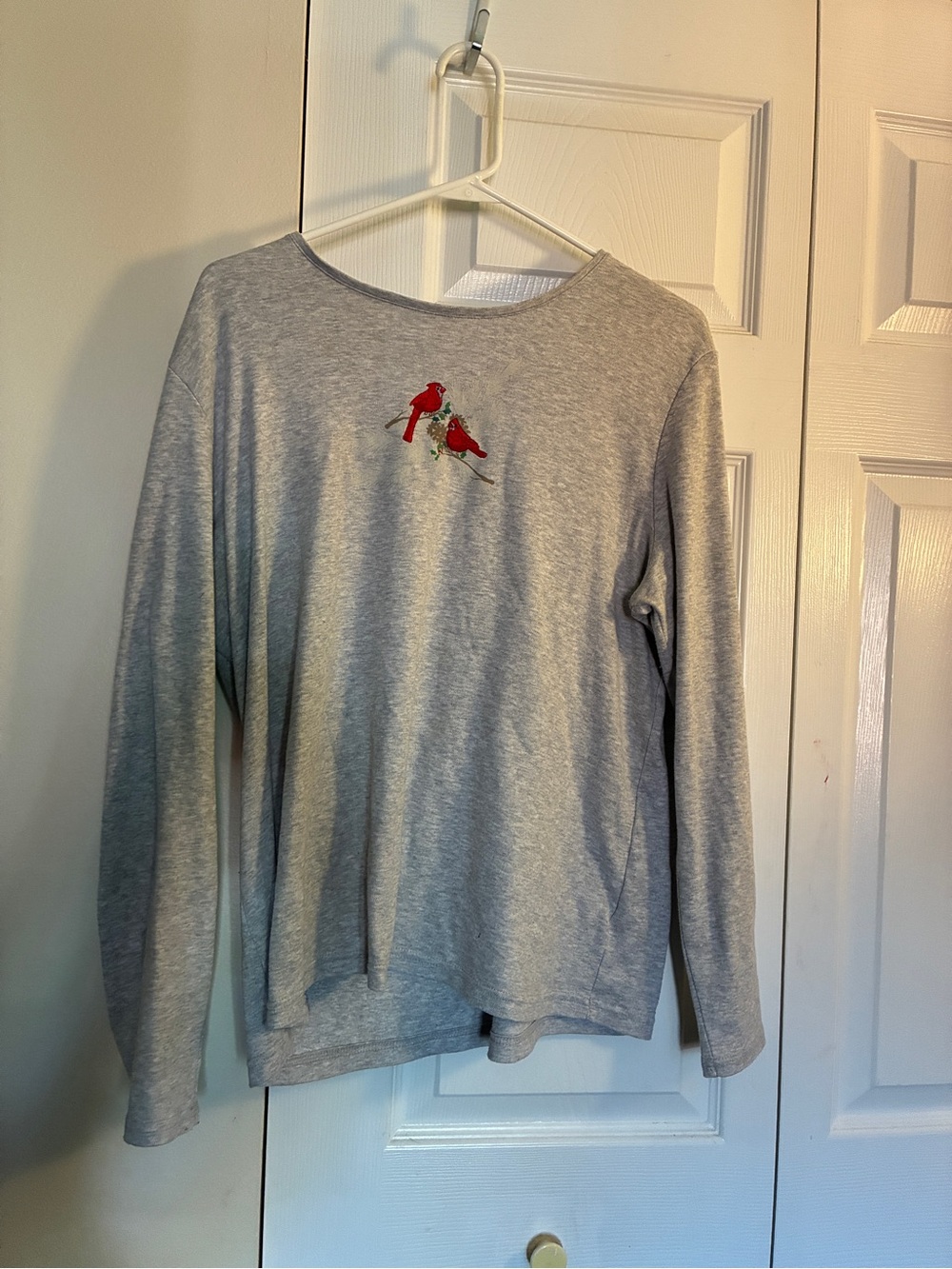 croft & barrow Gray Long Sleeve Tee with Red Cardinal Embroidery